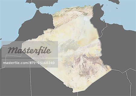 Plan-relief de l'Algérie (avec bordure et masque). Cette image a été compilée à partir de données acquises par les satellites landsat 5 & 7 combinées avec les données d'élévation.