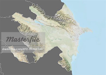 Plan-relief de l'Azerbaïdjan (avec bordure et masque). Cette image a été compilée à partir de données acquises par les satellites landsat 5 & 7 combinées avec les données d'élévation.