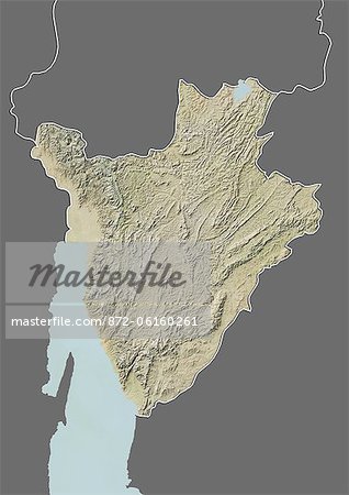 Relief map of Burundi (with border and mask). This image was compiled from data acquired by landsat 5 & 7 satellites combined with elevation data.