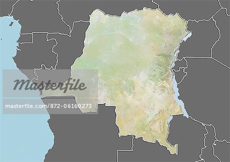 Plan-relief de la République démocratique du Congo (avec bordure et masque). Cette image a été compilée à partir de données acquises par les satellites landsat 5 & 7 combinées avec les données d'élévation.