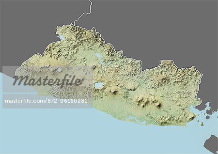 Relief map of El Salvador (with border and mask). This image was compiled from data acquired by landsat 5 & 7 satellites combined with elevation data.