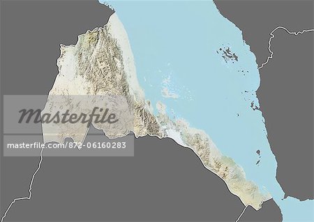 Plan-relief de l'Érythrée (avec bordure et masque). Cette image a été compilée à partir de données acquises par les satellites landsat 5 & 7 combinées avec les données d'élévation.