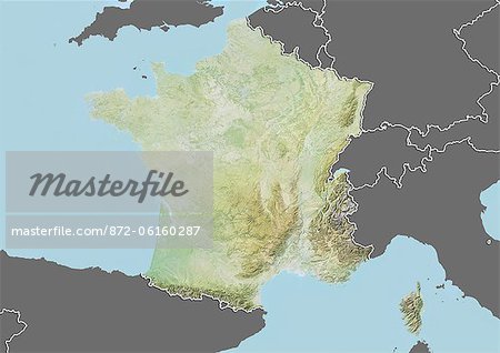 Reliefkarte Frankreich (mit Rahmen und Maske). Dieses Bild wurde aus Daten von Landsat 5 & 7 Satelliten kombiniert mit Höhendaten erworbenen zusammengestellt.