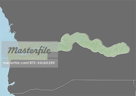 Relief map of Gambia (with border and mask). This image was compiled from data acquired by landsat 5 & 7 satellites combined with elevation data.