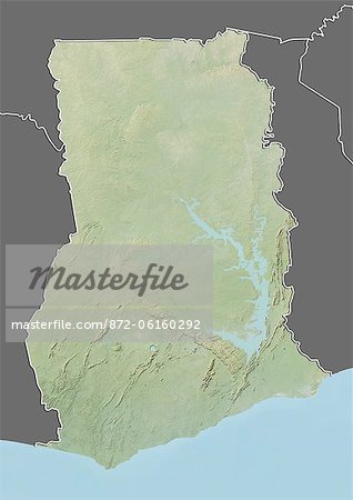 Relief map of Ghana (with border and mask). This image was compiled from data acquired by landsat 5 & 7 satellites combined with elevation data.