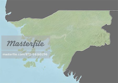 Relief map of Guinea-Bissau (with border and mask). This image was compiled from data acquired by landsat 5 & 7 satellites combined with elevation data. Relief map of Guinea-Bissau (with border and mask). This image was compiled from data acquired by landsat 5 & 7 satellites combined with elevation data.