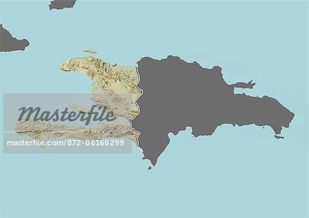 Relief map of Haiti (with border and mask). This image was compiled from data acquired by landsat 5 & 7 satellites combined with elevation data.