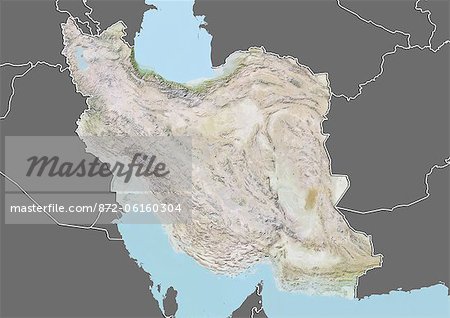 Plan-relief de l'Iran (avec bordure et masque). Cette image a été compilée à partir de données acquises par les satellites landsat 5 & 7 combinées avec les données d'élévation.