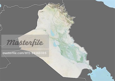 Plan-relief de l'Irak (avec bordure et masque). Cette image a été compilée à partir de données acquises par les satellites landsat 5 & 7 combinées avec les données d'élévation.