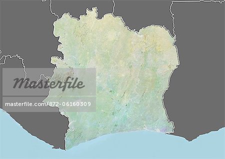 Plan-relief de la côte d'Ivoire (avec bordure et masque). Cette image a été compilée à partir de données acquises par les satellites landsat 5 & 7 combinées avec les données d'élévation.