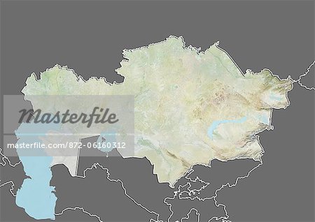 Relief-Karte von Kasachstan (mit Rahmen und Maske). Dieses Bild wurde aus Daten von Landsat 5 & 7 Satelliten kombiniert mit Höhendaten erworbenen zusammengestellt.