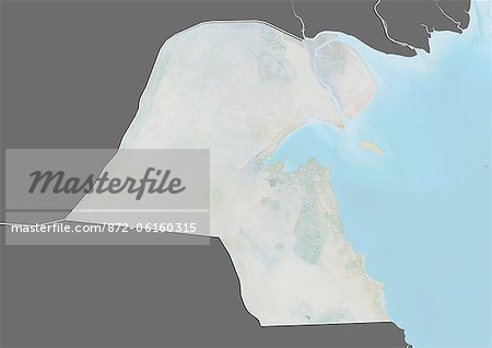 Relief map of Kuwait (with border and mask). This image was compiled from data acquired by landsat 5 & 7 satellites combined with elevation data.