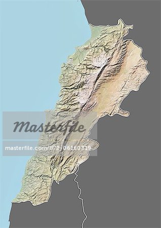 Carte du relief du Liban (avec bordure et masque). Cette image a été compilée à partir de données acquises par les satellites landsat 5 & 7 combinées avec les données d'élévation.