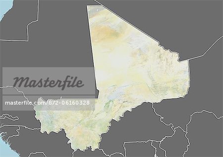 Plan-relief de Mali (avec bordure et masque). Cette image a été compilée à partir de données acquises par les satellites landsat 5 & 7 combinées avec les données d'élévation. Plan-relief de Mali (avec bordure et masque). Cette image a été compilée à partir de données acquises par les satellites landsat 5 & 7 combinées avec les données d'élévation.