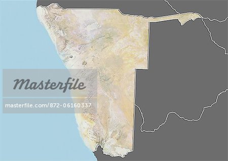 Plan-relief de Namibie (avec bordure et masque). Cette image a été compilée à partir de données acquises par les satellites landsat 5 & 7 combinées avec les données d'élévation.