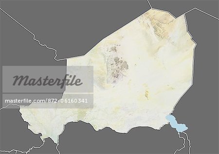 Relief map of Niger (with border and mask). This image was compiled from data acquired by landsat 5 & 7 satellites combined with elevation data.