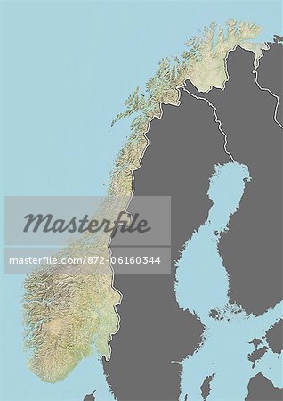 Reliefkarte Norwegen (mit Rahmen und Maske). Dieses Bild wurde aus Daten von Landsat 5 & 7 Satelliten kombiniert mit Höhendaten erworbenen zusammengestellt.