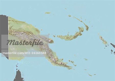 Relief map of Papua New Guinea (with border and mask). This image was compiled from data acquired by landsat 5 & 7 satellites combined with elevation data.