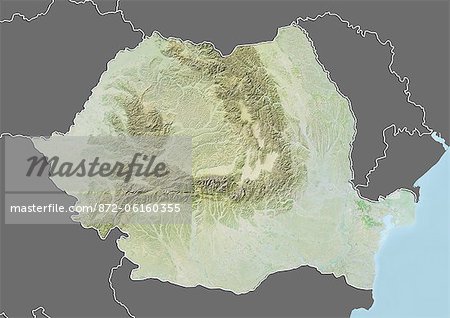 Relief map of Romania (with border and mask). This image was compiled from data acquired by landsat 5 & 7 satellites combined with elevation data.