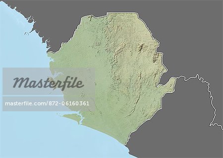 Relief map of Sierra Leone (with border and mask). This image was compiled from data acquired by landsat 5 & 7 satellites combined with elevation data.