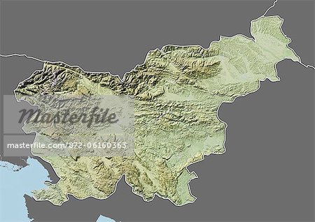 Relief map of Slovenia (with border and mask). This image was compiled from data acquired by landsat 5 & 7 satellites combined with elevation data.