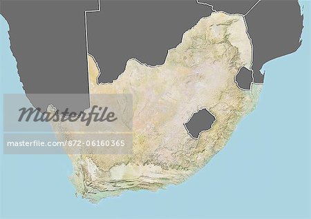 Plan-relief de l'Afrique du Sud (avec bordure et masque). Cette image a été compilée à partir de données acquises par les satellites landsat 5 & 7 combinées avec les données d'élévation.