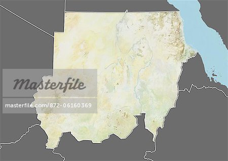 Relief map of Sudan (with border and mask). This image was compiled from data acquired by landsat 5 & 7 satellites combined with elevation data.