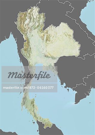 Plan-relief de Thaïlande (avec bordure et masque). Cette image a été compilée à partir de données acquises par les satellites landsat 5 & 7 combinées avec les données d'élévation.
