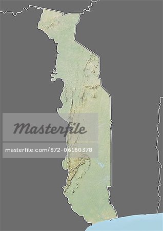 Relief map of Togo (with border and mask). This image was compiled from data acquired by landsat 5 & 7 satellites combined with elevation data. Relief map of Togo (with border and mask). This image was compiled from data acquired by landsat 5 & 7 satellites combined with elevation data.