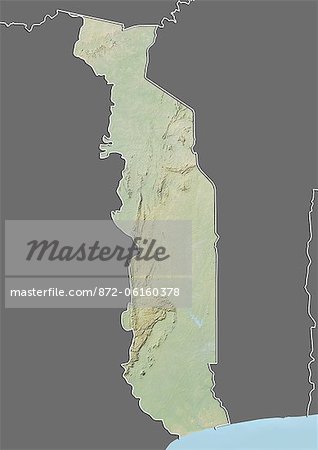 Relief map of Togo (with border and mask). This image was compiled from data acquired by landsat 5 & 7 satellites combined with elevation data.