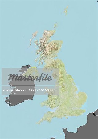 Relief map of the United Kingdom (with border and mask). This image was compiled from data acquired by landsat 5 & 7 satellites combined with elevation data.