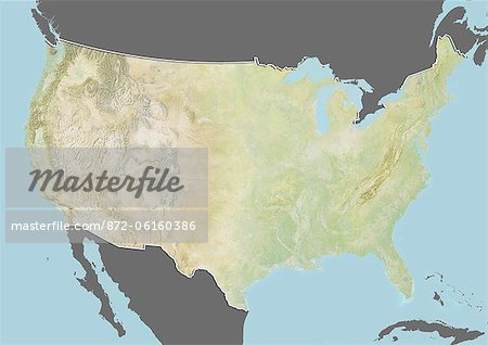 Carte du relief des États-Unis (avec bordure et masque). Cette image a été compilée à partir de données acquises par les satellites landsat 5 & 7 combinées avec les données d'élévation.