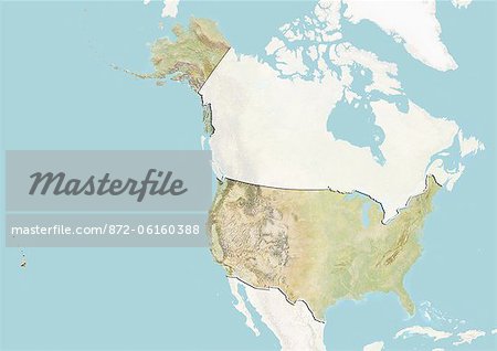 Carte du relief des États-Unis (avec bordure et masque). Cette image a été compilée à partir de données acquises par les satellites landsat 5 & 7 combinées avec les données d'élévation.