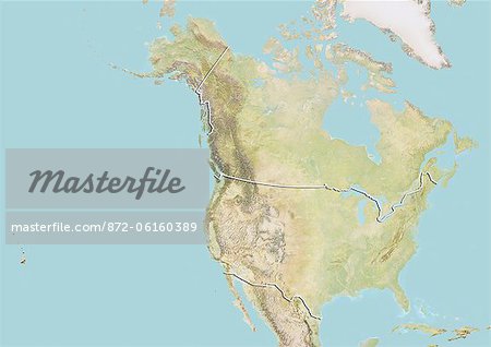 Plan-relief de l'United States and Canada (avec bordure). Cette image a été compilée à partir de données acquises par les satellites LANDSAT 5 & 7 combinées avec les données d'élévation.