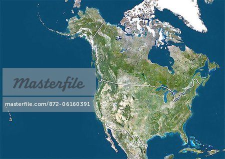 Vue satellite des États-Unis et du Canada (avec bordure). Cette image a été compilée à partir de données acquises par les satellites LANDSAT 5 & 7.