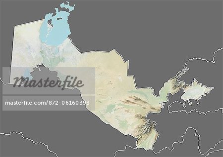 Reliefkarte von Usbekistan (mit Rahmen und Maske). Dieses Bild wurde aus Daten von Landsat 5 & 7 Satelliten kombiniert mit Höhendaten erworbenen zusammengestellt.