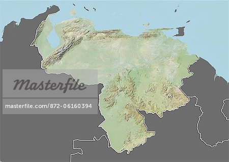 Plan-relief de Venezuela (avec bordure et masque). Cette image a été compilée à partir de données acquises par les satellites landsat 5 & 7 combinées avec les données d'élévation.