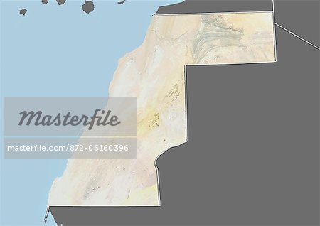 Relief map of Western Sahara (with border and mask). This image was compiled from data acquired by landsat 5 & 7 satellites combined with elevation data.