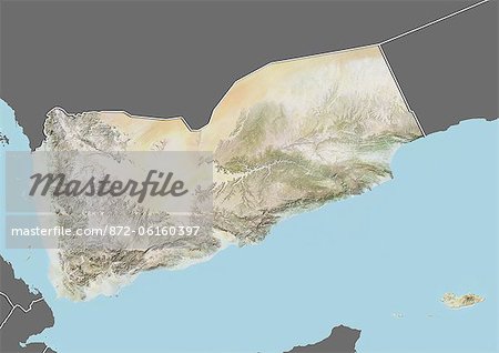 Plan-relief d'Yémen (avec bordure et masque). Cette image a été compilée à partir de données acquises par les satellites landsat 5 & 7 combinées avec les données d'élévation.