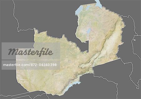 Relief map of Zambia (with border and mask). This image was compiled from data acquired by landsat 5 & 7 satellites combined with elevation data.