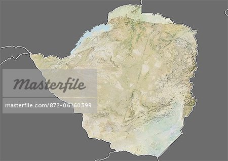 Plan-relief de Zimbabwe (avec bordure et masque). Cette image a été compilée à partir de données acquises par les satellites landsat 5 & 7 combinées avec les données d'élévation.