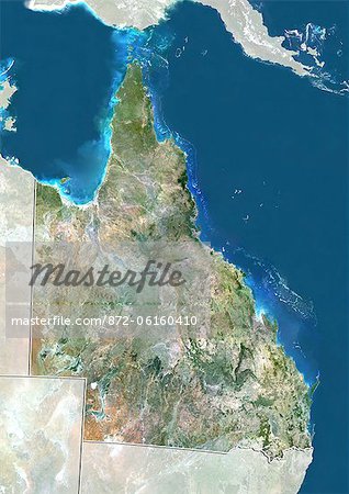 Vue satellite de l'état du Queensland en Australie. Cette image a été compilée à partir de données acquises par les satellites LANDSAT 5 & 7.
