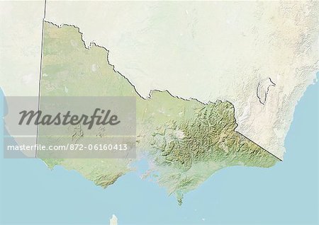 Plan-relief de l'Etat de Victoria, en Australie. Cette image a été compilée à partir de données acquises par les satellites LANDSAT 5 & 7 combinées avec les données d'élévation.