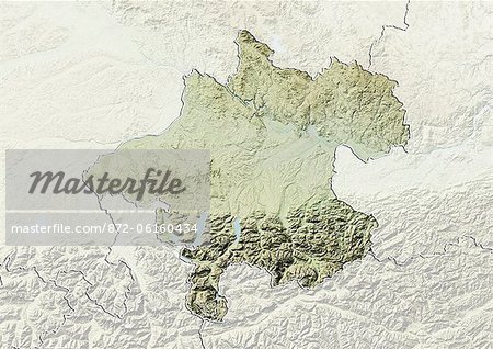 Carte du relief du Land de Haute-Autriche, Autriche. Cette image a été compilée à partir de données acquises par les satellites LANDSAT 5 & 7 combinées avec les données d'élévation.