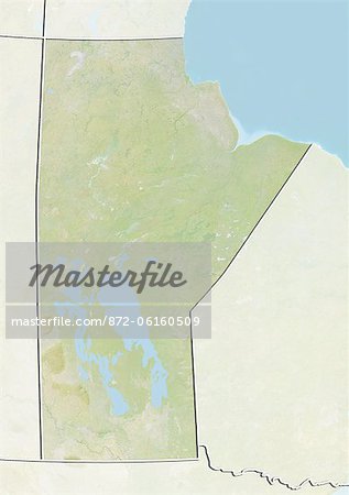 Relief map of Manitoba, Canada. This image was compiled from data acquired by LANDSAT 5 & 7 satellites combined with elevation data.