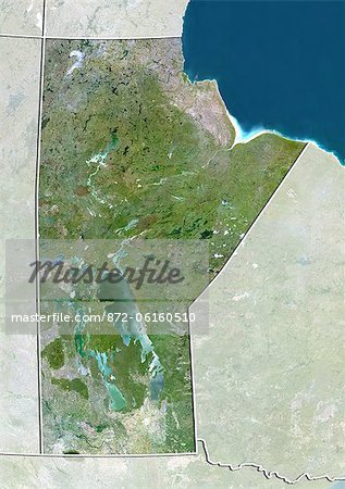 Vue satellite du Manitoba, Canada. Cette image a été compilée à partir de données acquises par les satellites LANDSAT 5 & 7.