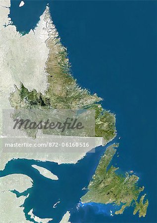 Vue satellite de Terre-Neuve- et -Labrador, Canada. Cette image a été compilée à partir de données acquises par les satellites LANDSAT 5 & 7.