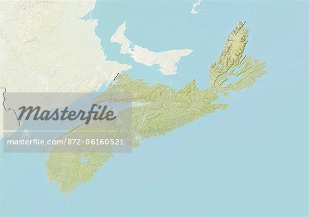 Relief map of Nova Scotia, Canada. This image was compiled from data acquired by LANDSAT 5 & 7 satellites combined with elevation data.