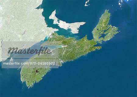 Vue satellite de la Nouvelle-Écosse, Canada. Cette image a été compilée à partir de données acquises par les satellites LANDSAT 5 & 7.