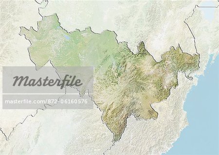 Plan-relief de la province du Jilin en Chine. Cette image a été compilée à partir de données acquises par les satellites LANDSAT 5 & 7 combinées avec les données d'élévation.
